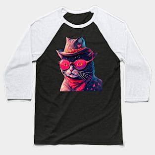 Cartoon Cat with Glasses Baseball T-Shirt